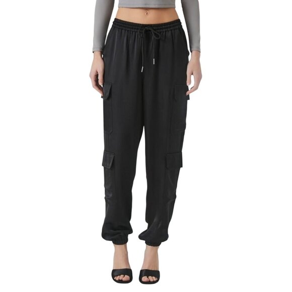 NEW Satin Mid-Rise Cargo Pants, Black Lightweight‎ Joggers Elastic Waist, Size M - Picture 2 of 13